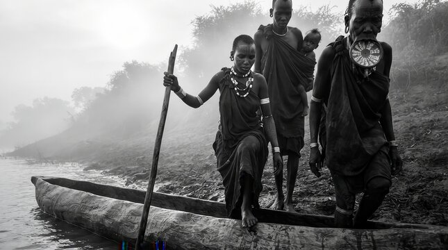 An elegant fine art documentary showcase displaying a rural river scene, featuring a detailed view of a dugout canoe, traditional body adornments, and a beautiful hazy morning sky.