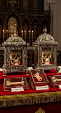 Ornate Religious Reliquaries Displaying Skull Relics on Red Velvet Altar in Historic Church Interior