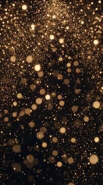 Luxurious golden glitter particles falling slowly on dark holiday background