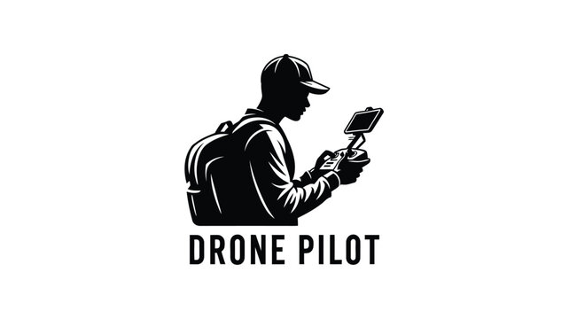 Minimal black drone pilot logo with remote controller and backpack illustration