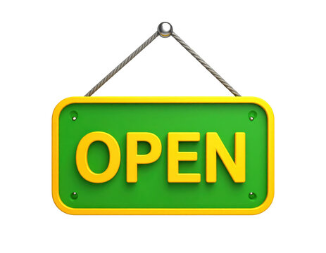 PNGMURNI--transparent background Firefly A vibrant 3D rendered green 'OPEN' sign with bold yellow text, hanging by a str