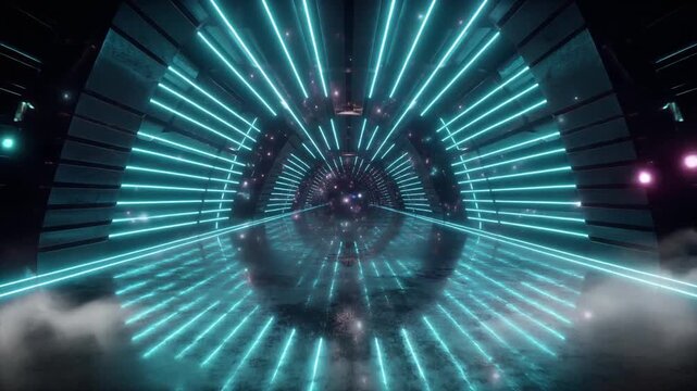 A futuristic 3D tunnel featuring glowing cyan neon lines and atmospheric fog. Perfect for sci-fi, cyberpunk, digital space travel, and high-tech electronic music video backgrounds.