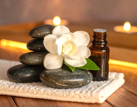 Calming Black Spa Stones Arranged with White Flower and Oil Bottle on Soft Towel