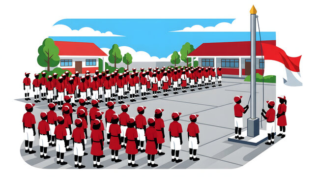 Indonesian school students standing in formation during a flag-raising ceremony in the schoolyard.