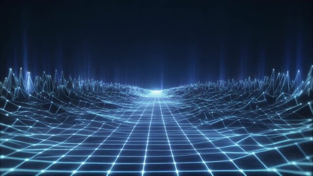 Cinematic animation of a glowing blue wireframe terrain moving through a digital space, perfect for abstract technology, cyberspace, and data network concepts.