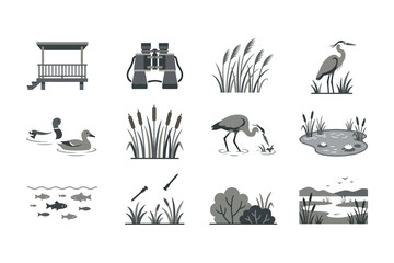 Obraz premium Set of twelve monochrome icons depicting wetland nature and wildlife elements.