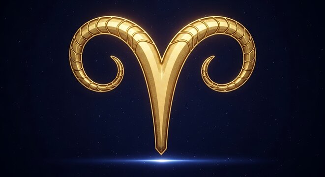 Golden Aries Zodiac Symbol Glowing on Dark Blue Background