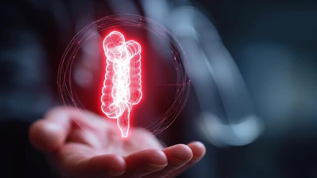 Doctor holding glowing holographic intestines, digestive system disease. Medical illustration, bowel diseases, gut health