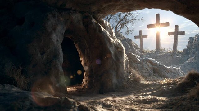 Jesus rises from the tomb in a setting with three crosses in the background at sunrise