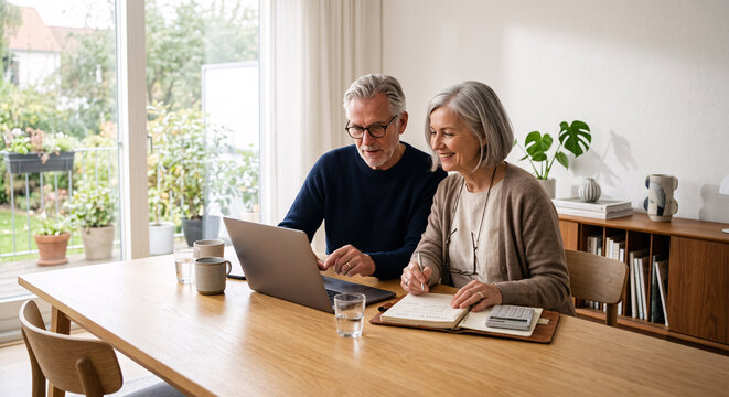 Happy senior couple using laptop together at wooden table in bright room