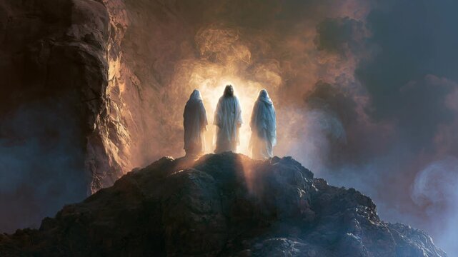 Jesus stands with two figures in a bright area surrounded by rocks and smoke in a distant moment from the Bible