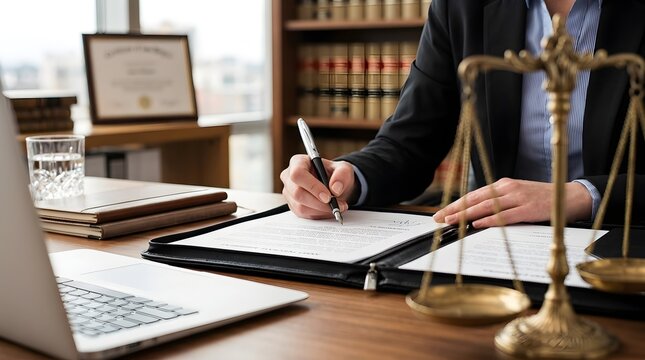 Lawyer working on legal documents at a desk with a laptop and law books in the background