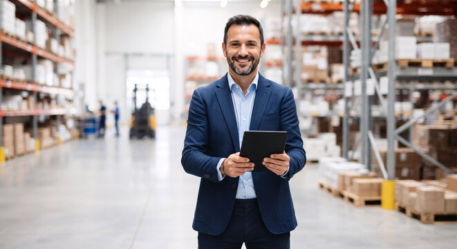 Smiling warehouse manager using digital tablet in large logistics distribution center