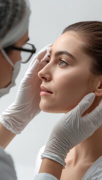 Doctor examining a woman's face during a cosmetic consultation, highlighting facial aesthetics, dermatology, plastic surgery planning, and professional skincare.