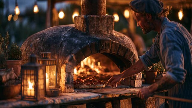 Making pizza in a wood-fired oven during the evening with warm lighting and a skilled chef in a rustic setting