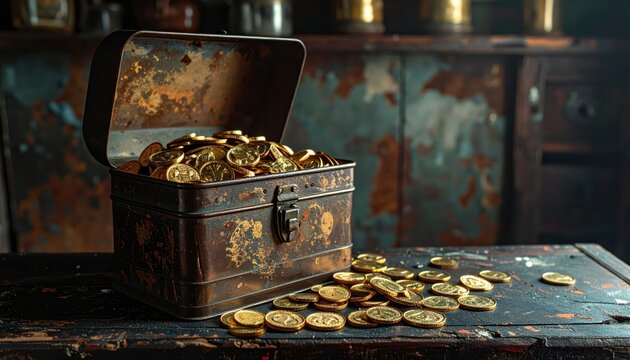 Overflowing Vintage Chest Filled With Scattered Chocolate Gold Coins
