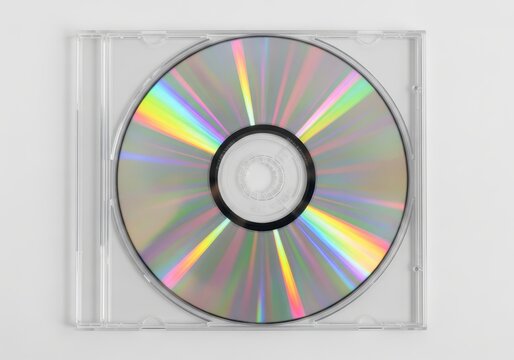 Compact Disc in Clear Plastic Jewel Case with Iridescent Rainbow Reflections Isolated on White Background