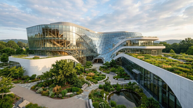 Modern glass architectural office building featuring sustainable green roof garden landscaping design with curved structures in a serene natural setting
