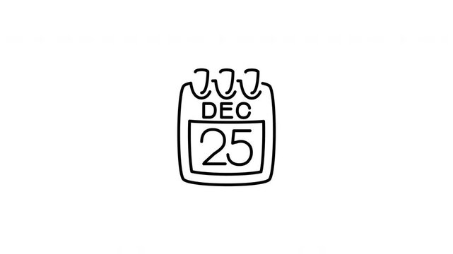 Minimalist outline animation of a tear-off calendar sheet showing December 25 Christmas day drawing on and fading out. Features 3 color setups.