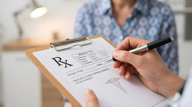 Close-up of a person filling out a prescription pad with a doctor in the background
