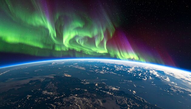 Aurora borealis dancing over snowy mountain landscape at night.