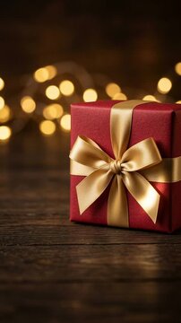 Premium red Christmas gift box wrapped in gold ribbon against sparkling holiday lights
