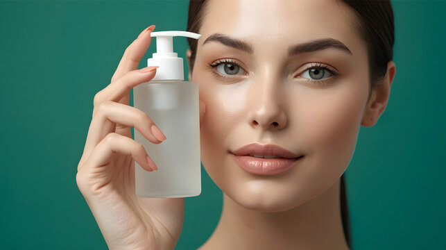 portrait of a beautiful woman model holding a blank transparent gel bottle toward the camera for skincare product mockup