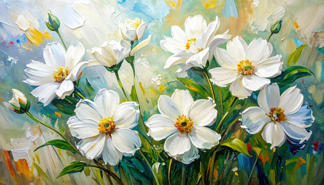 Abstract oil painting of white flowers with expressive hand-painted brushstrokes, rich textures and vibrant floral artistic style.