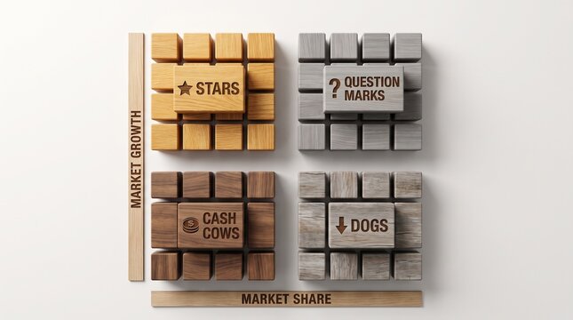 BCG Growth Share Matrix concept illustrated with wooden blocks for corporate portfolio strategy
