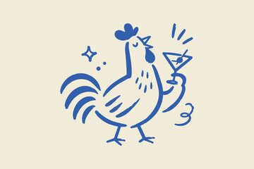 Rooster Holding Cocktail Naive Doodle Vector Illustration © Victoria