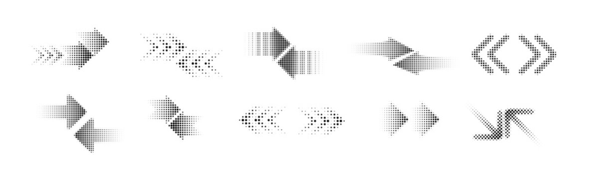 Arrow dotted halftone patterns and dynamic gradients. Contemporary graphic icons showing directional symbols in blue tones, ideal for digital interface design.