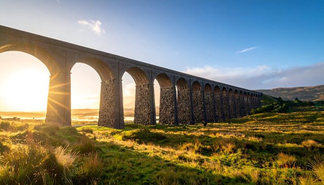 Historic Stone Railway Viaduct Stretching Across Sunlit Rural Moorland at Sunset