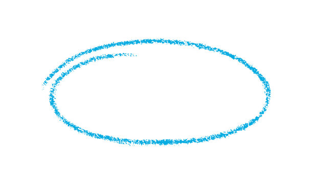 Hand drawn crayon blue oval. Chalk doodle pencil oval. Highlight line circle frame. Ellipse in crayon doodle style. Highlight design element. Vector illustration isolated on white background.