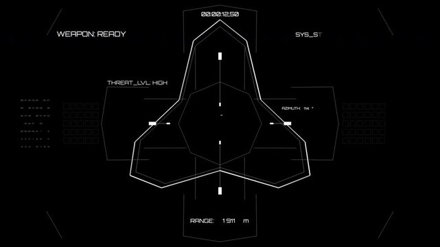 Advanced tactical scanning target interface displaying telemetry data, azimuth tracking, and threat assessment levels. Perfect for aerospace tech, cyber security systems, and gaming content.