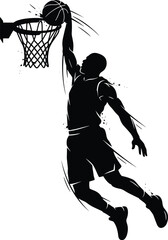 Dynamic Silhouette of a Basketball Player Performing a Powerful Slam Dunk Motion in Black and White Graphic Illustration Style © Mithu