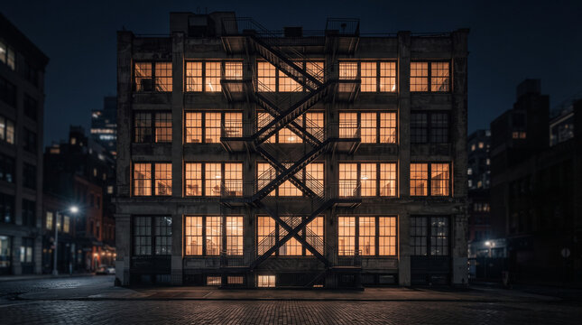 Illuminated industrial building with exterior fire escape at night