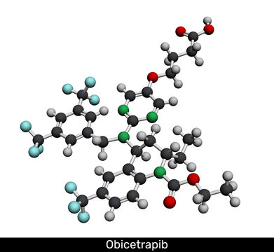 Obicetrapib molecule. CETP inhibitor structure for dyslipidemia, hypercholesterolemia, and cardiovascular disease research. Molecular model. 3D rendering