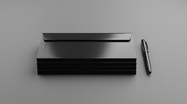 Professional mockup of a stack of elegant black envelopes with a matching pen on a gray surface, ideal for luxury branding and corporate invitation designs.