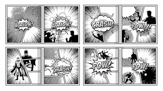 Professional halftone comic manga book template set with screentone pages for superhero story creation featuring classic collage grid layout and pop art graphic design elements.