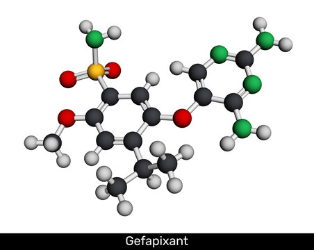 Gefapixant drug molecule, selective P2X3 receptor antagonist, used for the treatment of refractory chronic cough. 3D render