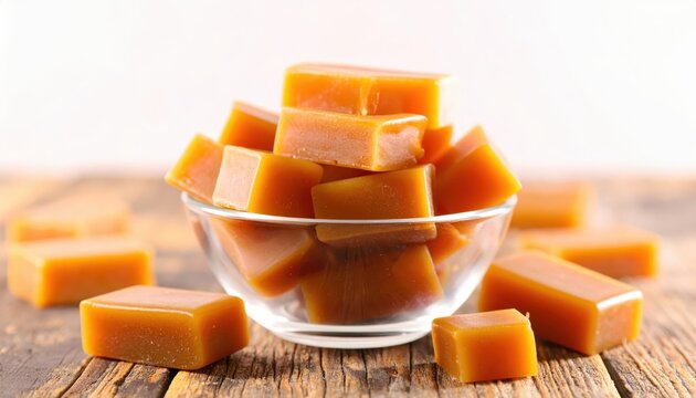 Rich Caramel Candies in a Glass Bowl on a Wooden Table