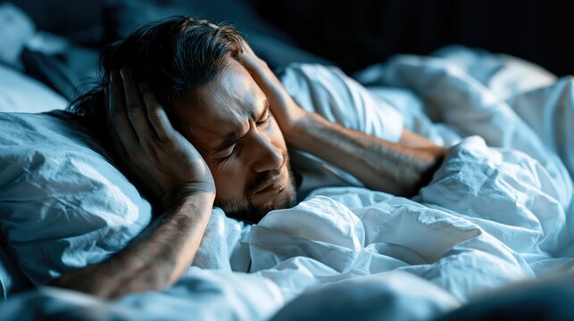 Person suffering from tinnitus and insomnia, unable to sleep, covering head with blanket due to noise and discomfort at night