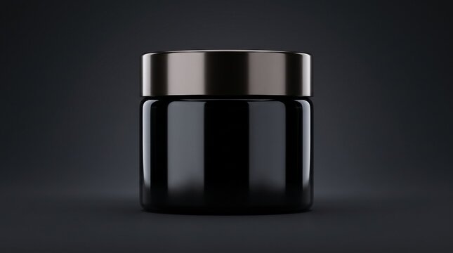 Sleek black glossy cosmetic jar with a metallic cap on dark background, ideal for luxury skincare branding, pomade packaging, and beauty product mockups.