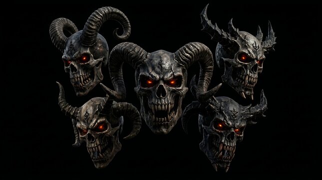 Dark Demonic Skull Group Glowing on Black Background