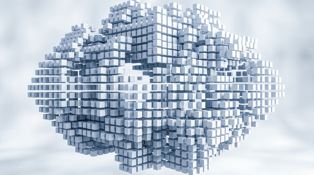 Abstract geometric structure featuring multiple white floating cubes creating complex cloud formation against bright modern futuristic digital technology network background