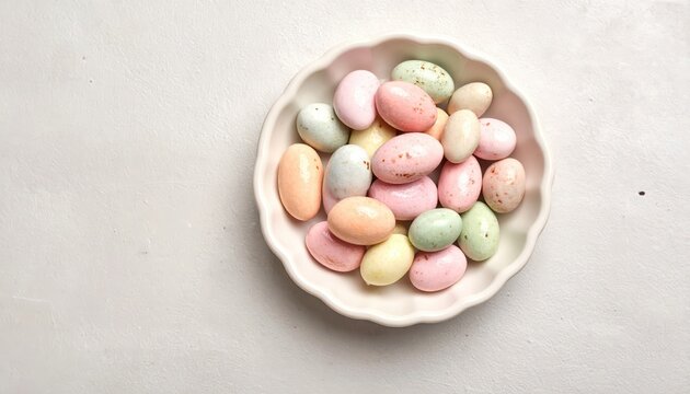 Pastel Colored Jordan Almonds in White Ceramic Dish