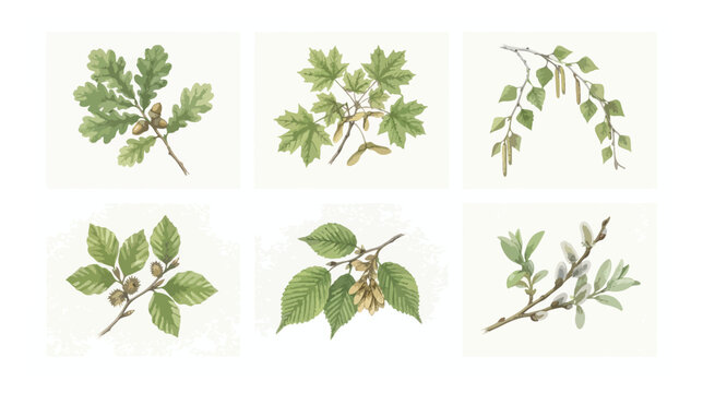 Vintage botanical tree leaf illustrations, set of 6 watercolor forest branches with oak acorns and maple seeds, antique nature study vector