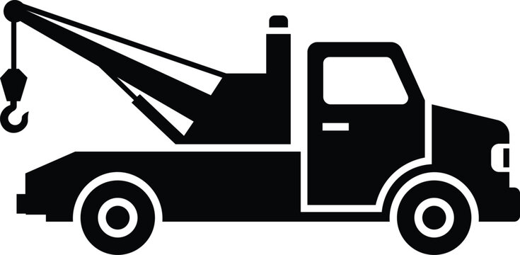 Black and white of a tow truck with an extended boom crane and a hanging metal hook vehicle