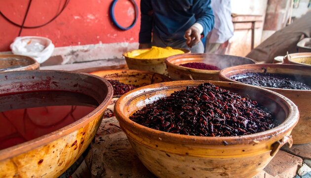 Rustic Clay Bowls Filled with Dark Plant Material and Red Liquid on Workshop Table