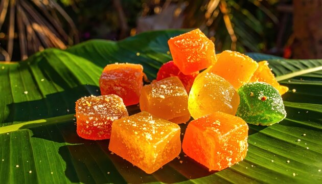 Scattered Assorted Tropical Fruit Flavored Sweet Cubes on Leafy Background